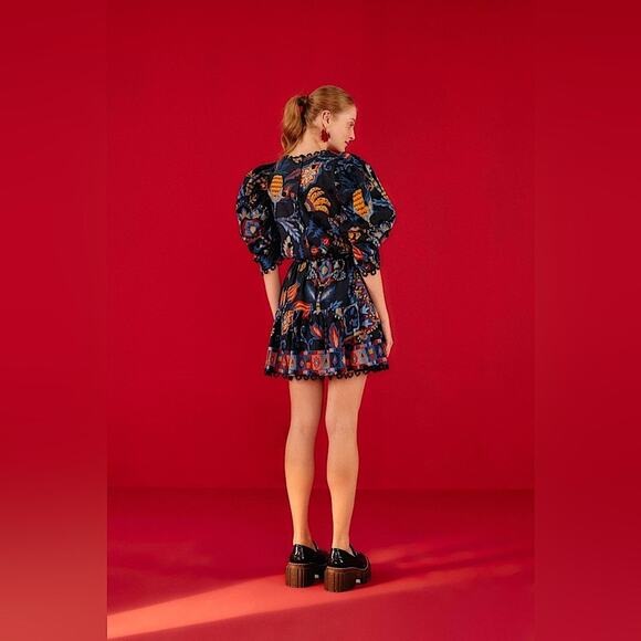 Very Rare Farm Rio Tapestry Floral Mini Dress Short Sleeve Black Blue Red XS New - Picture 3 of 11